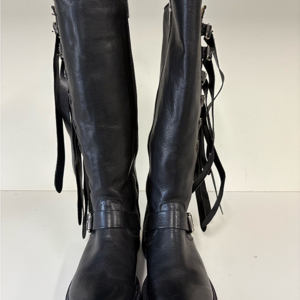 Frye Black Leather Fringe Knee high boots